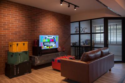 Pasir Ris (Block 561), Aart Boxx Interior, Eclectic, Industrial, Living Room, HDB, Hacked Wall, Dark Framed Door, Brown Leather Sofa, Ottoman, White Brick, Red Brick Wall, Tv Console, Tv Cabinet, Storage, Suitcase, Home Decor, Couch, Furniture, Brick