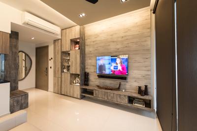The Palette (Block 107), Aart Boxx Interior, Minimalist, Modern, Living Room, Condo, Tv Feature Wall, Tv Console, Floating Console, Dark Wood, Dark Wood Laminates, Aircon, Cabinetry, White Kitchen Cabinets, Feature Wall, Appliance, Electrical Device, Oven, Electronics, Monitor, Screen, Tv, Television