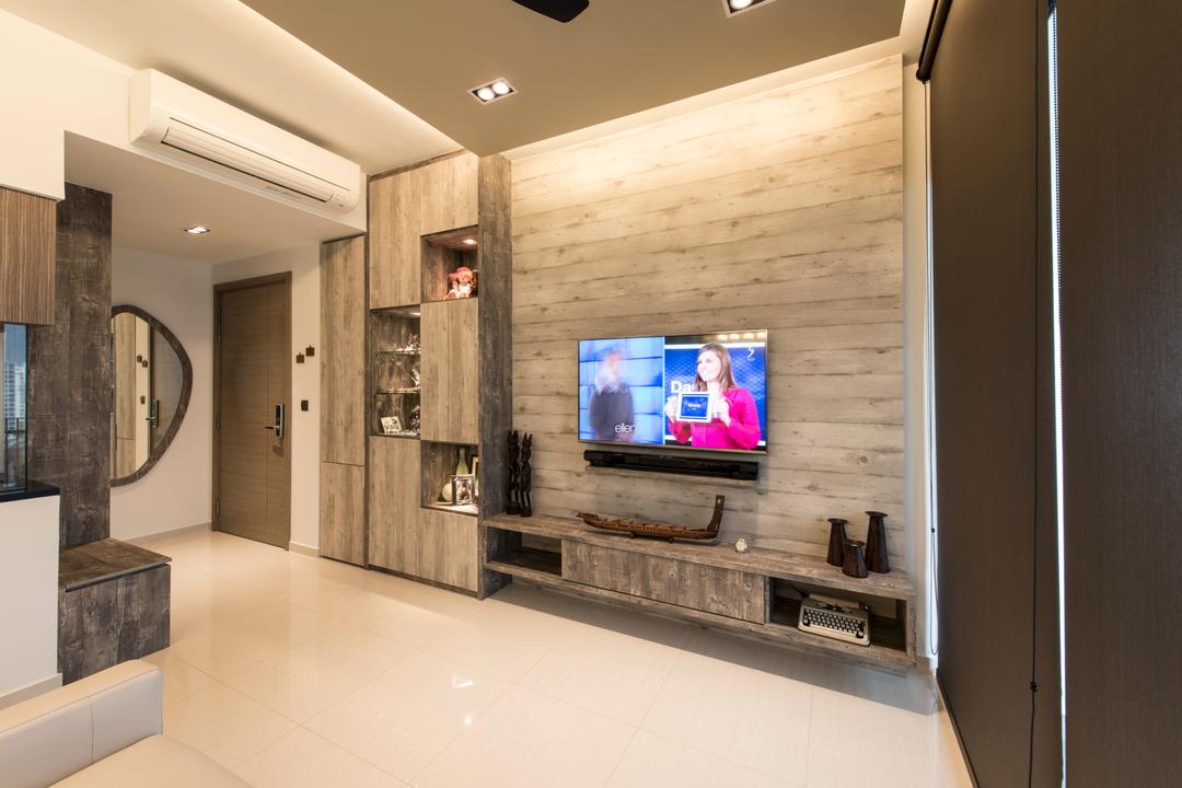The Palette (Block 107), Aart Boxx Interior, Minimalist, Modern, Living Room, Condo, Feature Wall, Tv Console, Floating Console, Dark Wood, Dark Wood Laminates, Aircon, Cabinetry, Cabinet, Appliance, Electrical Device, Oven, Electronics, Monitor, Screen, Tv, Television