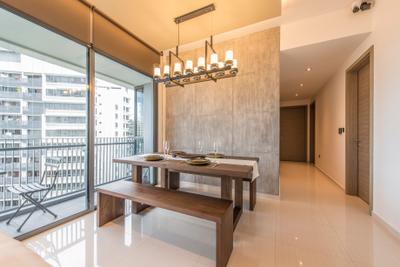 The Palette (Block 107), Aart Boxx Interior, Minimalist, Modern, Dining Room, Condo, Dining Table, Bench, Hanging Lamp, Raw, Grey Wall, Table Runner, Wooden Bench, Walkway, Hallway, Furniture, Table, Indoors, Interior Design, Room, HDB, Building, Housing, Loft