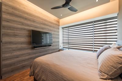 The Palette (Block 107), Aart Boxx Interior, Minimalist, Modern, Condo, Blinds, Venetian Blinds, Tv Feature Wall, Tv Mount, Mini Ceiling Fan, Cove Lighting, Concealed Lighting, Feature Wall, Bedroom, Indoors, Interior Design, Room, Bed, Furniture