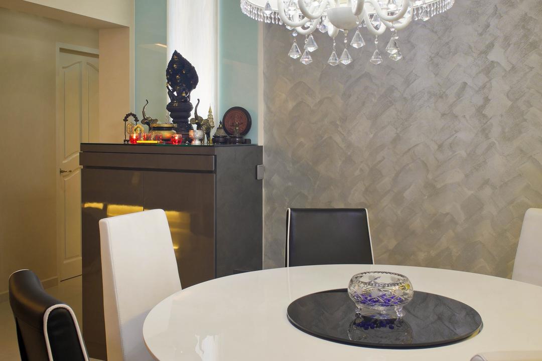 Ang Mo Kio Avenue 9 (Block 622), De Exclusive Design Group, Traditional, Dining Room, HDB, Dining Table, Dining Chairs, Round Table Top, Chandelier, Crystal Light, Wallpaper, Indoors, Interior Design, Room, Toilet, Dish, Food, Meal, Plate, Furniture, Table