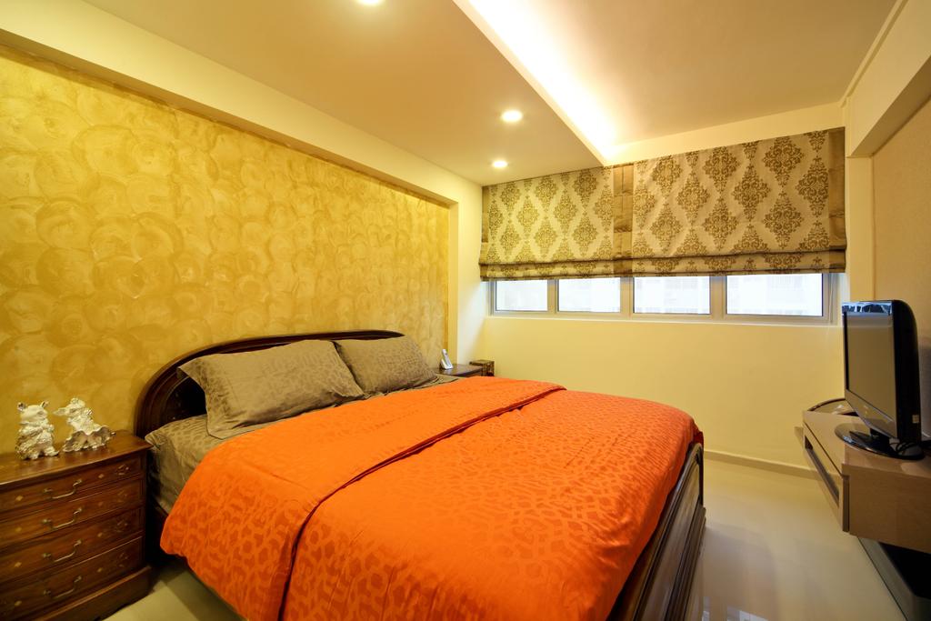 Traditional, HDB, Bedroom, Ang Mo Kio Avenue 9 (Block 622), Interior Designer, De Exclusive Design Group, Orange, Bright Colours, Wallpaper, Cove Lighting, Blinds, Patterns, Appliance, Electrical Device, Oven, Indoors, Room, Bed, Furniture, Lighting, Interior Design