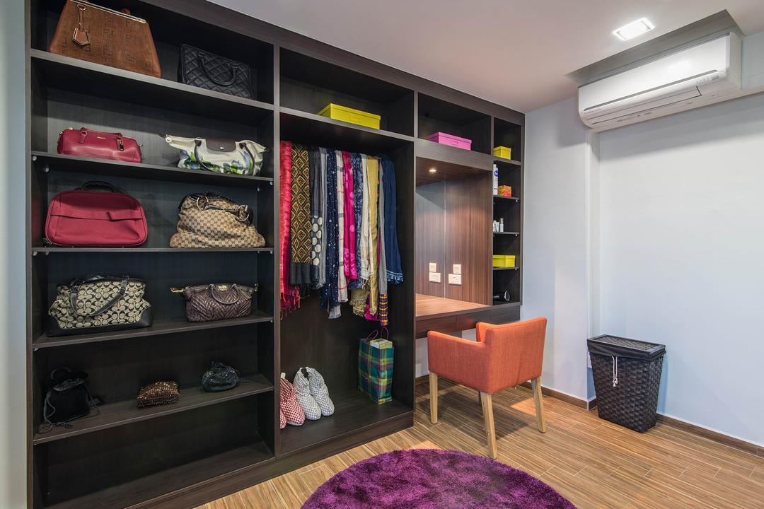 Bukit Batok (Block 299), De Exclusive Design Group, Contemporary, Bedroom, HDB, Wood Wardrobe, Bags, Handbag, Bag Storage, Mirror, Dressing Table, Clothes, Aircon, Couch, Furniture, Closet, Wardrobe