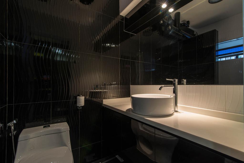 Contemporary, HDB, Bathroom, Bukit Batok (Block 299), Interior Designer, De Exclusive Design Group, Dark Bathroom, Dark Colours, Mirror, Bathroom Vanity, Bathroom Sink, Sink, Toilet Bowl, Water Closet, Dark Walls
