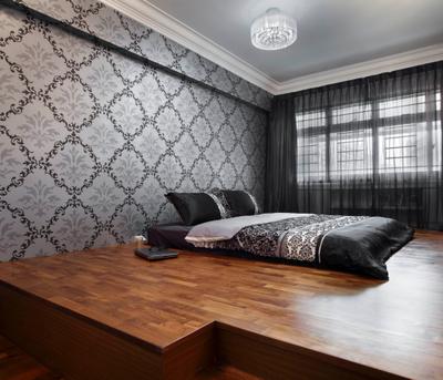 Ellias Road (Block 606), De Exclusive Design Group, Traditional, Bedroom, HDB, Platform, Platform Bed, Wallpaper, Patterned Wallpaper, Curtains, Black, Black Furniture