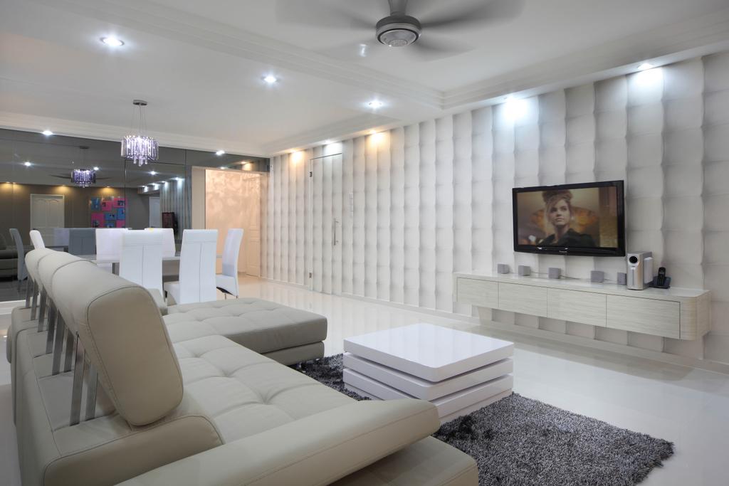 Traditional, HDB, Living Room, Ellias Road (Block 606), Interior Designer, De Exclusive Design Group, Sofa, Couch, Brown Coffee Table, Brown Leather Sofa, Carpet, Wallpaper, Tv, Floating Console, Tv Console, Recessed Lights, White, Chair, Furniture, Indoors, Room
