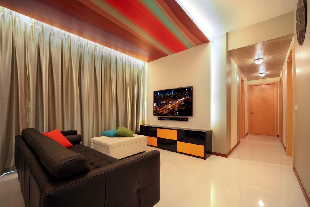 Kovan Residences, De Exclusive Design Group, Transitional, Living Room, HDB, Geometry, Geometric, Sofa, Couch, Loveseat, Tv Cabinet, Tv, False Ceiling, Stripes, Curtains, Hallway, Corridor, Furniture, Indoors, Room, Electronics, Entertainment Center, Home Theater