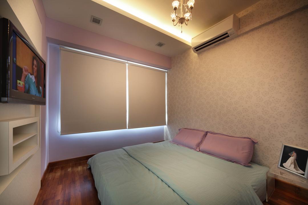 Punggol Place (Block 302C), De Exclusive Design Group, Eclectic, Bedroom, HDB, Wallpaper, Girls Room, Girly, Blinds, Roller Blinds, Cove Lighting, Pink, Indoors, Interior Design, Room