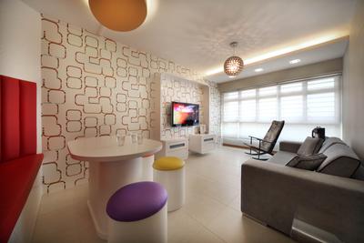 Punggol Place (Block 302C), De Exclusive Design Group, Eclectic, Living Room, HDB, Wallpaper, Geometric, Geometry, Dining Table, Stools, Round Stools, Colourful, Colours, Sofa, Couch, Pendant Lamp, Dining Room, Indoors, Interior Design, Room, Furniture, Rocking Chair, Building, Housing, Chair