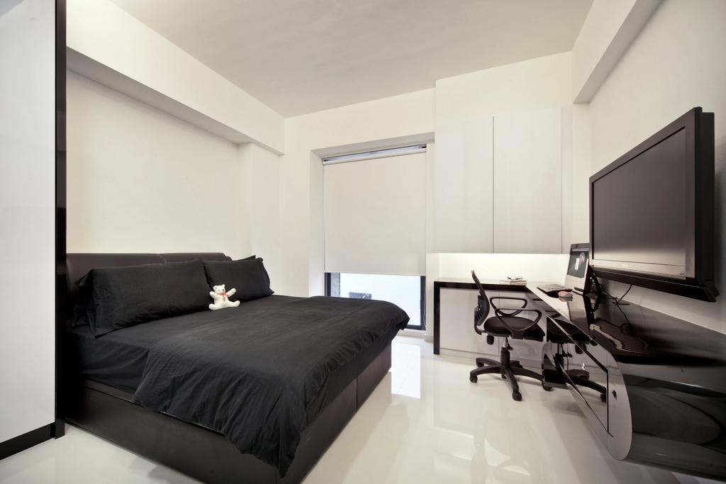 Transitional, Condo, Bedroom, Regentville Tower 2 (A), Interior Designer, De Exclusive Design Group, Black Furniture, Black, Bed, Monochrome, Monochromatic, Black And White, B W, Tv, Floating Console, Tv Console, Cabinetry, Shelving, Blinds, Roller Blinds, Furniture, Indoors, Room