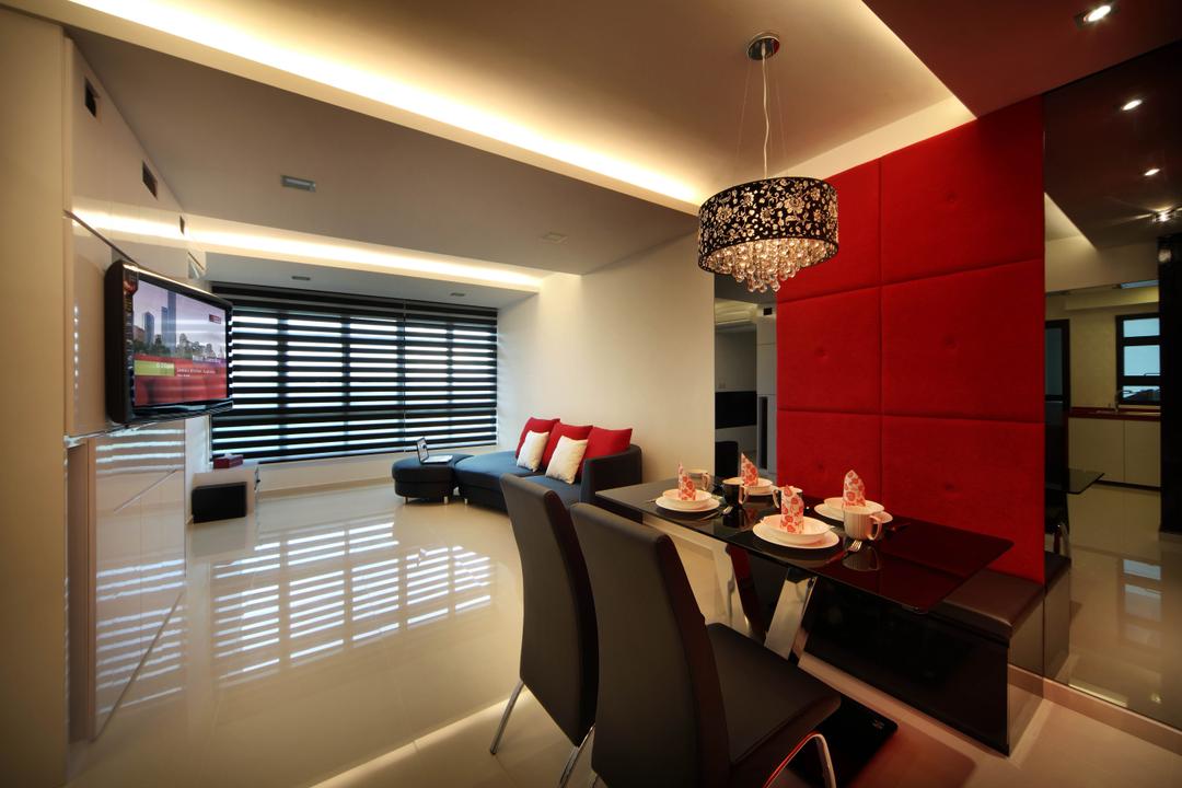 Sengkang West Avenue (Block 438B), De Exclusive Design Group, Transitional, Dining Room, HDB, Dining Table, Dining Chairs, Pendant Lamp, Hanging Lamp, Red, Panels, Cove Lighting, Tv, Adjustable Tv Wall Mount, Indoors, Interior Design, Room, Lamp, Lampshade, Restaurant, Chair, Furniture