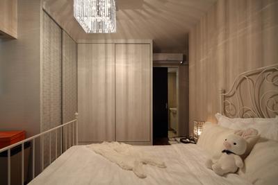 The Pinnacle@Duxton, De Exclusive Design Group, Traditional, Bedroom, HDB, Bed, Bed Frame, Crystal Light, Chandelier, Girly, Girlish, Girls Room, Wood Wardrobe, Banister, Handrail, Indoors, Interior Design, Room, Furniture