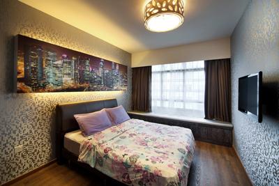 Yishun Ring Road (Block 448), De Exclusive Design Group, Eclectic, Bedroom, HDB, Wallpaper, Bed, Floral, Floral Bedsheet, Painting, Wall Decor, Wall Art, Lighting, Curtains, Indoors, Interior Design, Room, Furniture