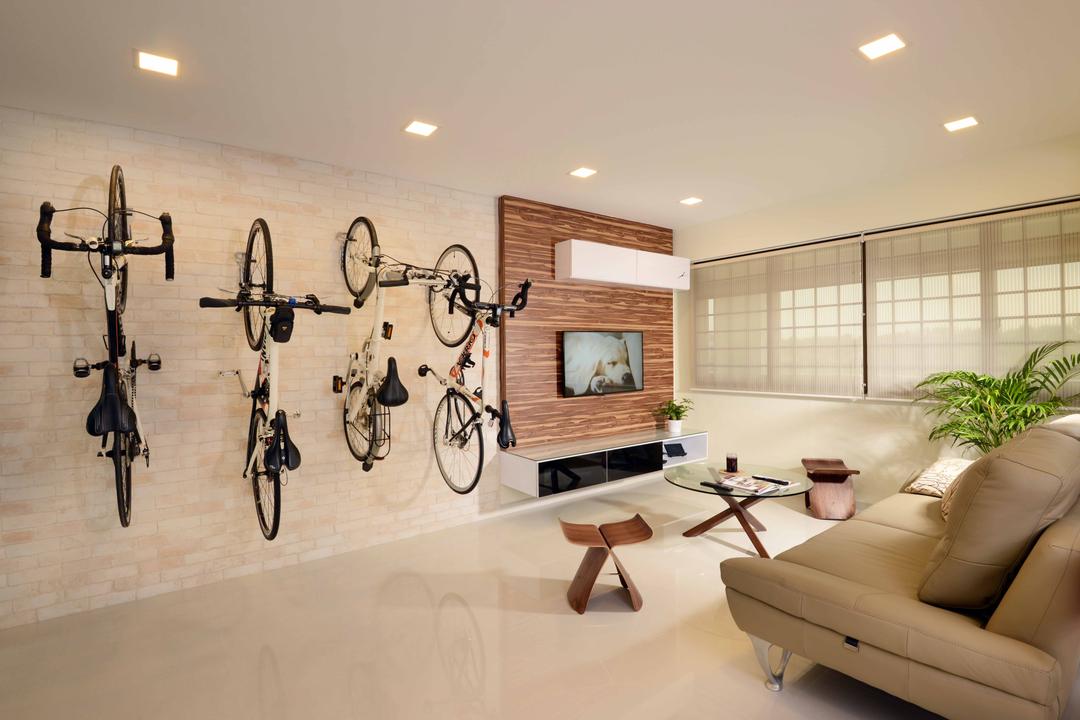 Jurong West (Block 850), Urban Habitat Design, Modern, Minimalist, Living Room, HDB, Bicycle Rack, Wall Bicycle Rack, Feature Wall, Brick Walls, Beige, Natural Colours, Tv Console, Floating Console, Coffee Table, Stool, Sofa, Leather Sofa, Blinds, Zen, Bow, Bicycle, Bike, Transportation, Vehicle, Indoors, Interior Design, Couch, Furniture, Spa, Flora, Jar, Plant, Potted Plant, Pottery, Vase
