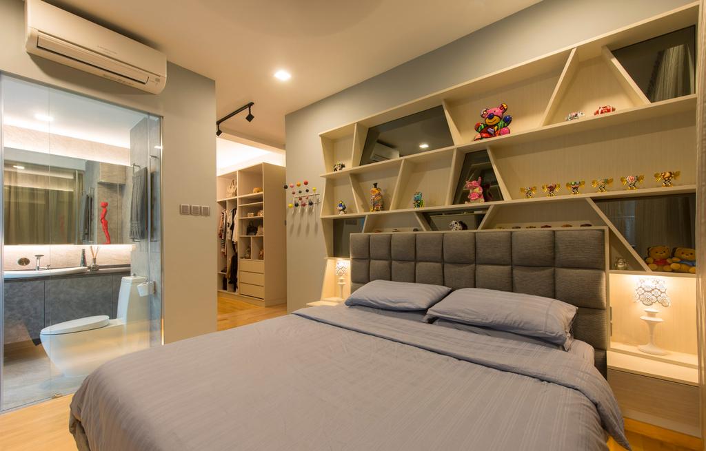 Eclectic, Condo, Bedroom, Caribbean at Keppel Bay, Interior Designer, Space Vision Design, Geometric, Display Unit, Cubbyholes, Lamp, Parquet, White, Tinted Mirror, Mirror, Neutral Tones, Glass Wall, Quilted Headboard, Tufted Headboard, Headboard, Master Bedroom, Bed, Furniture