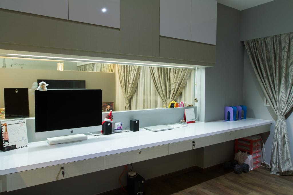 Traditional, HDB, Yishun Ring Road, Interior Designer, MET Interior, Study Table, Computer Desk, Computer, Desktop, Workstation, Glass, White Kitchen Cabinets, Cabinetry, Building, Housing, Indoors, Loft, Curtain, Home Decor