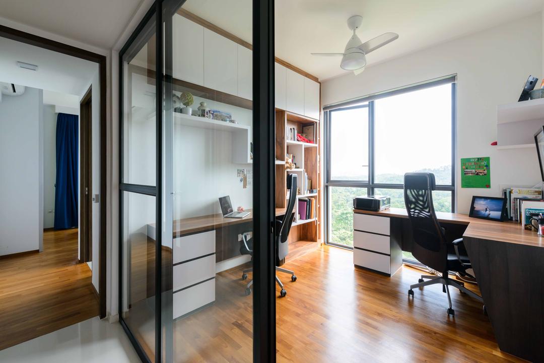 Foresque Residences, Starry Homestead, Minimalist, Study, Condo, Hacked Wall, Glass Door, Bright, Airy, Wood Floor, Wooden Flooring, Computer Desk, Study Table, Mini Ceiling Fan, Windows, Shelves, Shelving, Hardwood, Wood, HDB, Building, Housing, Indoors, Loft, Couch, Furniture