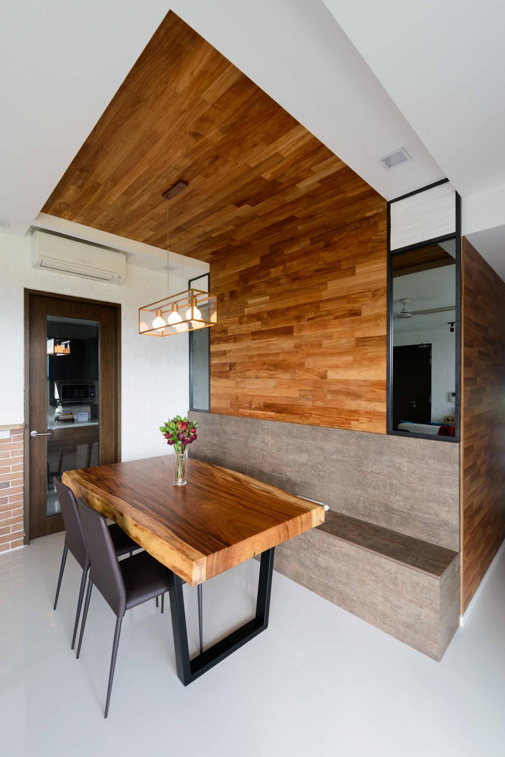 Minimalist, Condo, Dining Room, Foresque Residences, Interior Designer, Starry Homestead, Wood Panels, Tv Feature Wall, Wood, Dining Table, Wood Grain, Industrial Styled Lamp, Bench, Feature Wall, Hardwood, Electronics, Entertainment Center