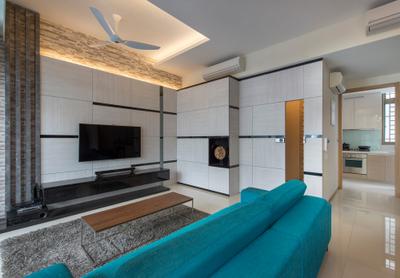 Waterline, Ciseern, , Living Room, , Cove Light, White Ceiling, Craft Stones, Marble Tiles, Turquoise Sofa, Tv Console, Grey Rug, Rectangular Coffee Table, White Feature Wall, Shoes Cabinet, Feature Wall, Fireplace, Hearth
