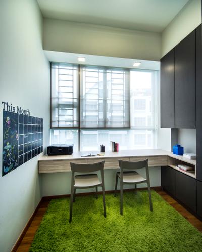 Waterline, Ciseern, Contemporary, Study, Condo, Green Rug, Green Carpet, Roller Blinds, Study Table, White Kitchen Cabinets, Dining Table, Furniture, Table, HDB, Building, Housing, Indoors