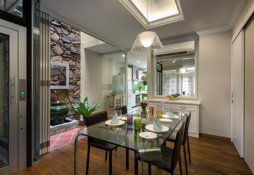 Contemporary, Landed, Dining Room, Sunrise Walk, Interior Designer, Ciseern, Glass Dining Table, Dining Chairs, Parquet, Dining Light, Flora, Jar, Plant, Potted Plant, Pottery, Vase, Indoors, Interior Design, Room, Dining Table, Furniture, Table, Sink, HDB, Building, Housing, Loft