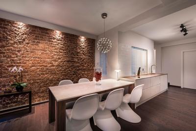 Chay Yan Street, Ciseern, Industrial, Dining Room, Condo, Red Brick Wall, Brown Brick Wall, White Dining Chair, Rectangular Dining Table, Dining Light, Wood Floor, Dry Kitchen, Flora, Jar, Plant, Potted Plant, Pottery, Vase, Indoors, Interior Design, Room, Chair, Furniture