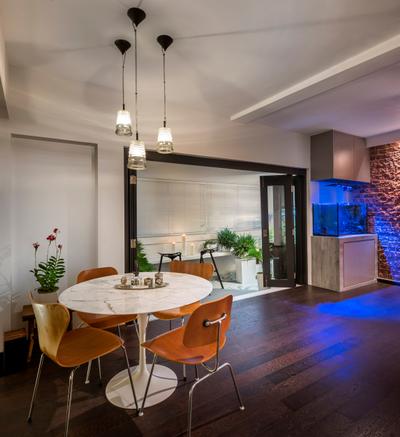 Chay Yan Street, Ciseern, Industrial, Living Room, Condo, Hanging Lights, Round Marble Table, Dining Chairs, Wood Floor, Flora, Jar, Plant, Potted Plant, Pottery, Vase, Dining Table, Furniture, Table, Dining Room, Indoors, Interior Design, Room, Chair