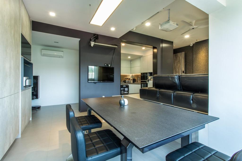 Modern, Condo, Dining Room, Lower Delta Road, Interior Designer, Ingenious Design Solutions, Tile, Tiles, Shelf, Shelves, Hanging Light, Dining Table, Table, Chair, Quilted, Mini Ceiling Fan, Home Theatre, White, Black, Monochrome, False Ceiling, Furniture, Couch, Indoors, Interior Design, Room