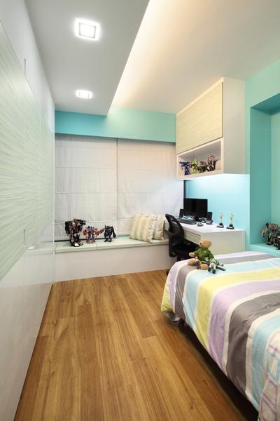 Havelock Road, Space Define Interior, Traditional, Bedroom, HDB, Kids, Kids Room, Bright, Blue, White, Parquet, Window Seat, Cushions, White Kitchen Cabinets, Shelf, Study Table, Table, Indented Wall, Recessed Wall, Closet, Wood Wardrobe, Wood, Laminates, Wood Laminate