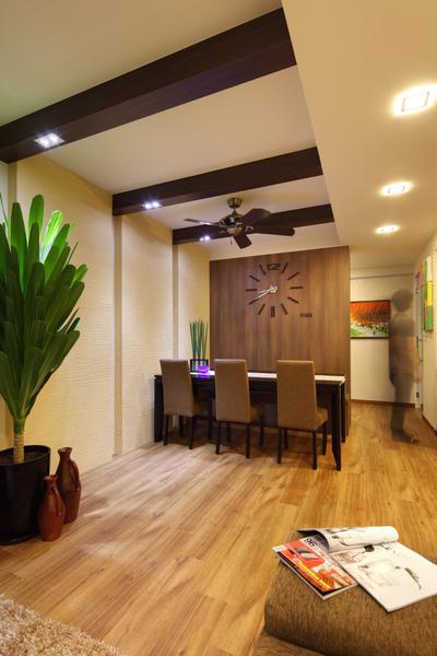 Havelock Road, Space Define Interior, , Dining Room, , Parquet, Stacco Wall, Raw, Balinese, Ceiling Beam, False Ceiling, Recessed Lights, Indented Lighting, Chair, Dining Table, Painting, Sculpture, Clock, Mini Ceiling Fan, Parquet Wall, Wood Laminate, Wood, Laminates, Flora, Jar, Plant, Potted Plant, Pottery, Vase, Couch, Furniture, Table, Indoors, Interior Design, Room, Pot