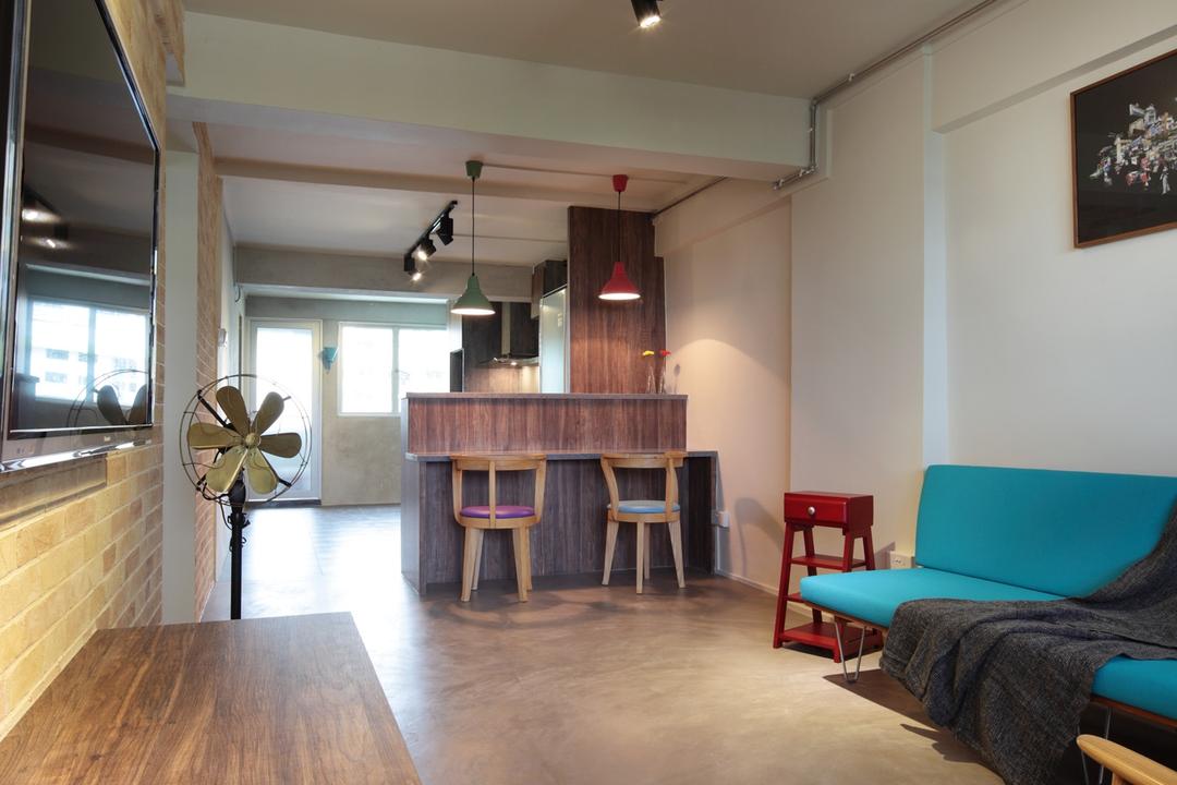 Marine Crescent, Space Define Interior, Scandinavian, Living Room, HDB, Bar Counter, Barstools, Chair, Fan, Sofa, Wood Laminate, Wood, Laminates, Tv Console, Cement Flooring, Hanging Light, Red Brick Wall, Raw, Side Table, Furniture