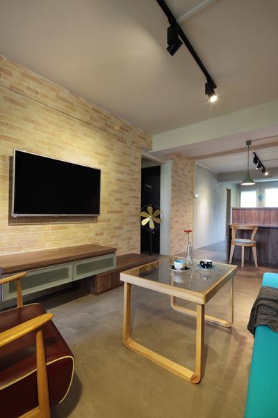 Marine Crescent, Space Define Interior, Scandinavian, Living Room, HDB, Brown Coffee Table, Glass Table Top, Table, Cement Flooring, Tv Console, Red Brick Wall, Track Lighting, Chair, Barstools, Wood Laminate, Wood, Laminates, Hanging Light, Fan, Indoors, Interior Design