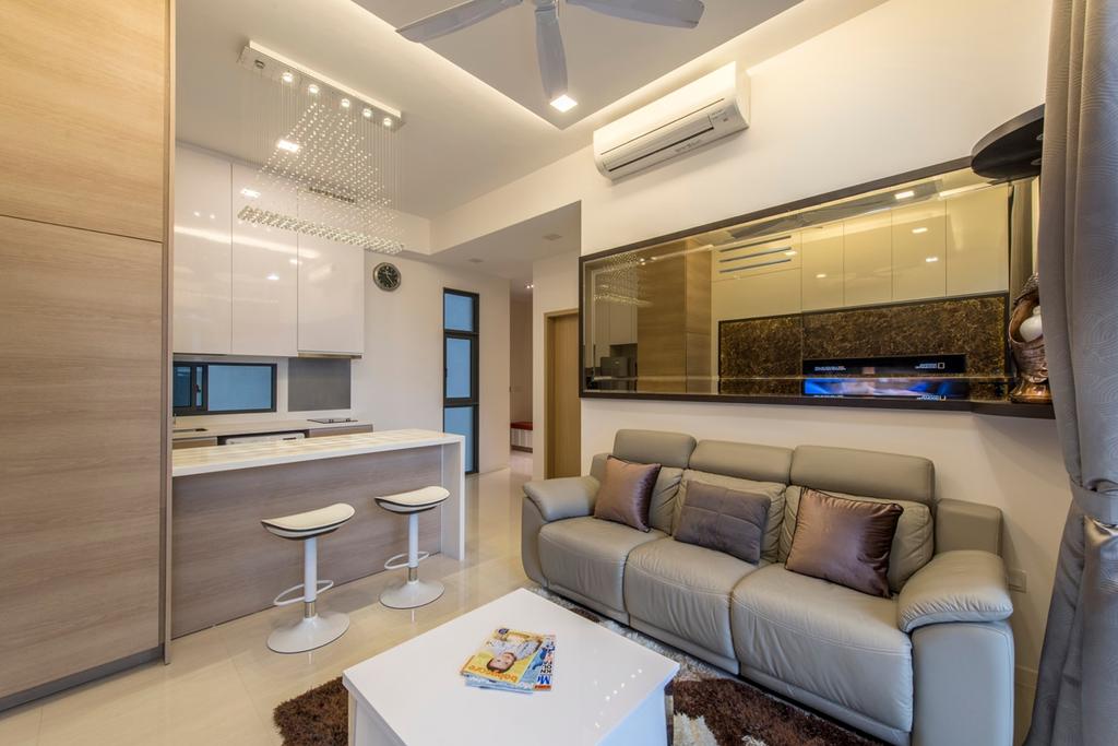 Modern, Condo, Living Room, Boathouse Residences, Interior Designer, Space Define Interior, Small Space, Small Place, Small Size, Small Home, Wall Mirror, Brown Leather Sofa, Compact, Brown Coffee Table, Shades Of Brown, White Track Lights, Dry Kitchen, Couch, Furniture, Indoors, Interior Design