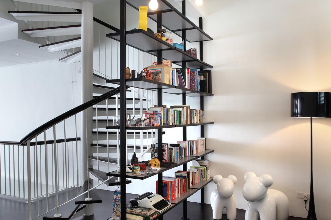 259 Tembeling Road, Space Define Interior, Modern, Landed, Stairs, Spiral Staircase, Parquet, Sculpture, Bookcase, Bookshelf, Shelves, Shelf, Hanging Light, Lighting, Stand Lamp, High Ceiling, Railing, Handrails, White, Banister, Handrail, Staircase, Indoors, Interior Design, Library, Room, Furniture