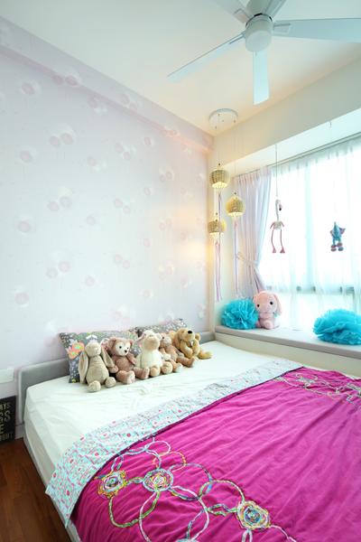 56 St Patrick Road, Space Define Interior, Contemporary, Bedroom, Condo, Wallpaper, Pink, Kids, Kids Room, Window Seat, Floral Wallpaper, Nature Wallpaper, Floral, Nature, Curtains, Pendant Light, Hanging Light, Lighting, Mini Ceiling Fan, Teddy Bear, Toy, Indoors, Nursery, Room