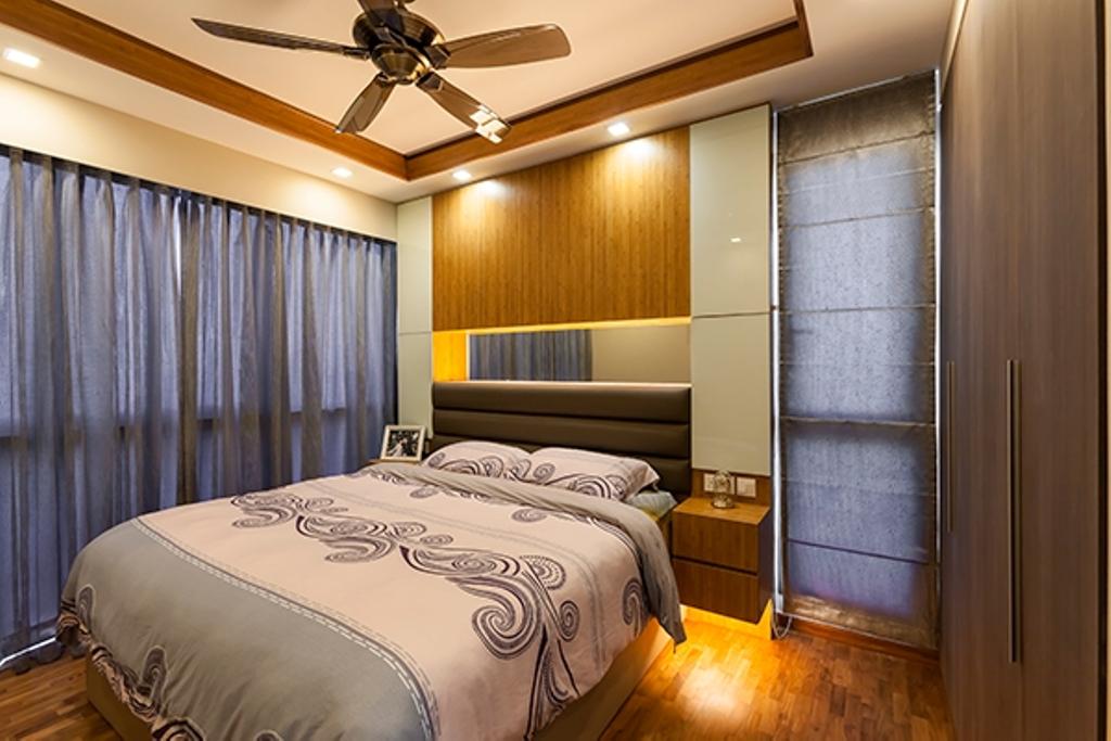 Modern, Condo, Bedroom, Esparina Residences, Interior Designer, Tan Studio, False Ceiling, Headboard, Feature Wall, Bedside Table, Floating Bedside Table, Blinds, Curtains, Wood, Mirror, Mirror Panels, Reflective Panels, Indoors, Room, Bed, Furniture