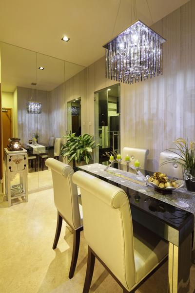 33 Mangis Road, Space Define Interior, Transitional, Dining Room, Condo, Mirror, Full Length Mirror, Dining Table, Table, Chair, White Marble Floor, Side Table, Lamp, Chandelier, Striped Wall, Stripes, Wallpaper, Flora, Jar, Plant, Potted Plant, Pottery, Vase, Sink, Indoors, Interior Design, Room