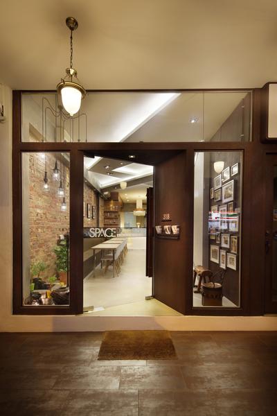 318 Joo Chiat Road, Space Define Interior, Modern, Commercial, Glass Door, Exterior, Full Length Window, Hanging Light, Pendant Light, Lighting, Mat, Red Brick Wall, Raw, Parquet, Tile Tiles, Flora, Jar, Plant, Potted Plant, Pottery, Vase, Dining Table, Furniture, Table, Pantry, Shelf