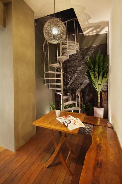 318 Joo Chiat Road, Space Define Interior, , , Hanging Light, Pendant Light, Lighting, Stairs, Spiral Staircase, Plank Flooring, Parquet, Table, Chair, Woodwork, Wood, Laminates, Wood Laminate, Bench, Plants, Stacco Wall, Raw, Rustic, Flora, Jar, Plant, Potted Plant, Pottery, Vase, Deck, Porch