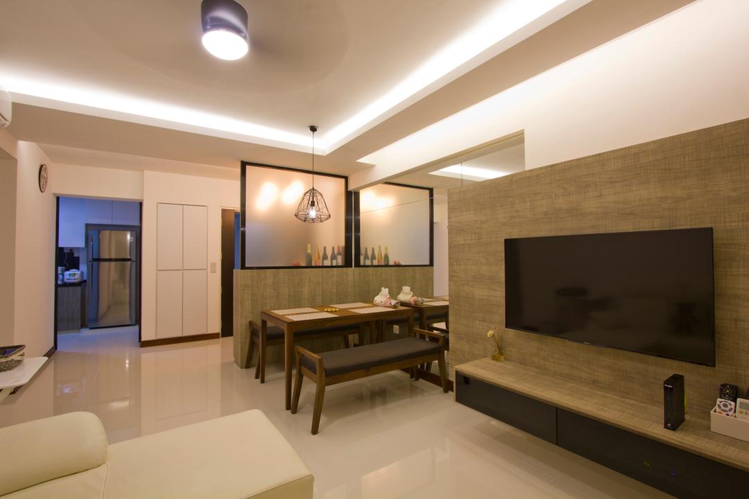 Upper Serangoon Crescent (Block 477), MET Interior, Contemporary, Living Room, HDB, Cove Lights, Feature Wall, Tv Console, Marble Tiles, Wood Dining Table, Dining Bench, Partition, Indoors, Interior Design