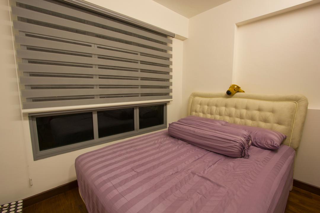 Upper Serangoon Crescent (Block 477), MET Interior, Contemporary, Bedroom, HDB, Korean Blinds, White Quilted Headboard, Bed, Furniture, Appliance, Electrical Device, Microwave, Oven, Chair, Indoors, Interior Design, Room