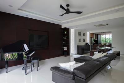 Sommerville Park, Schemacraft, Modern, Living Room, Condo, False Ceiling, Brown Tv Console, Black Piano, Living Room Ideal, Minimalist, Mini Ceiling Fan, Black Fan, Brown Leather Sofa, Haiku Fan, Grand Piano, Sofa, Piano, Leisure Activities, Music, Musical Instrument, Blade, Dagger, Knife, Weapon, Couch, Furniture, Indoors, Room