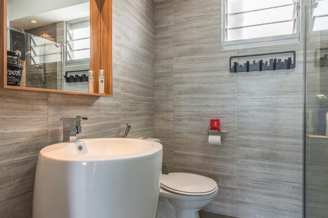 Chai Chee Road, The Two Big Guys, Modern, Bathroom, HDB, Striped Tiles, Wood Grains, Standing Sink, Standing Basin, Wooden Mirror Frame, Neutral Colours, Light Greyish Brown, Greyish Brown, Toilet, Indoors, Interior Design, Room