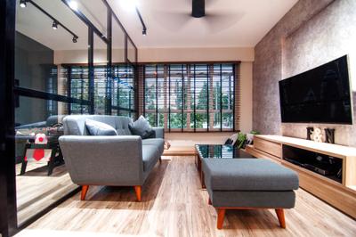 Chai Chee Road (Block 807), IdeasXchange, Industrial, Living Room, HDB, Brown Coffee Table, Loveseat, Pencil Leg Furniture, Ottoman, Tv, Tv Console, Tv Cabinet, Window, Partition, Blinds, Wood Floor, Wooden Flooring, Couch, Furniture, Fireplace, Hearth, Indoors, Interior Design