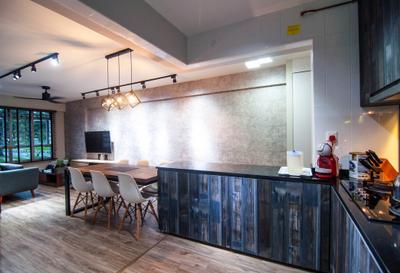 Chai Chee Road (Block 807), IdeasXchange, Industrial, Kitchen, HDB, Kitchen Cabinetry, Kitchen Peninsula, Wood Laminates, Dark Wood, Kitchen Laminates, Kitchen Countertop, Dark Coloured Laminates, Dining Table, Furniture, Table, Indoors, Interior Design, Room, Couch