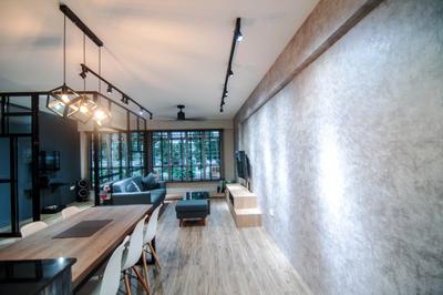 Chai Chee Road (Block 807), IdeasXchange, Industrial, Dining Room, HDB, Wallpaper, Grey Wall, Dining Table, Dining Chairs, Chairs, Black Track Lights, Track Lightings, Eames Chair, Pendant Lamp, Hanging Lamp, Wood Grain, Plywood, Wood, Window, Hardwood