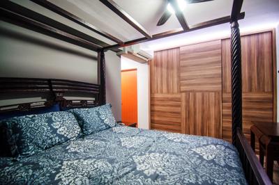 Chai Chee Road (Block 807), IdeasXchange, Industrial, Bedroom, HDB, Bed Frame, Wooden Beam, Beams, Wood Wardrobe, Striped Laminates, Wood Laminates, Patterns, Patterned Bedsheet, Ceiling Fan With Lamp, Bed, Furniture, Bench, Indoors, Interior Design, Room