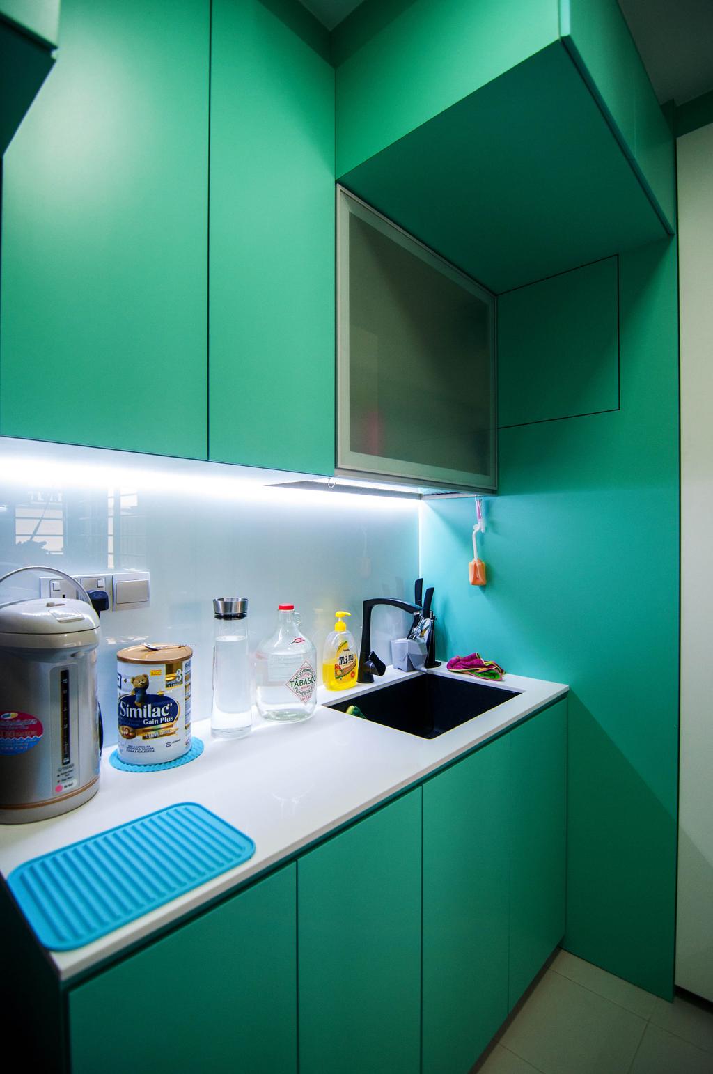 Traditional, HDB, Kitchen, SkyTerrace @ Dawson (Block 91), Interior Designer, IdeasXchange, Green, Green Cabinet, Kitchen Sink, Sink, Under Cabinet Lighting, White Countertop