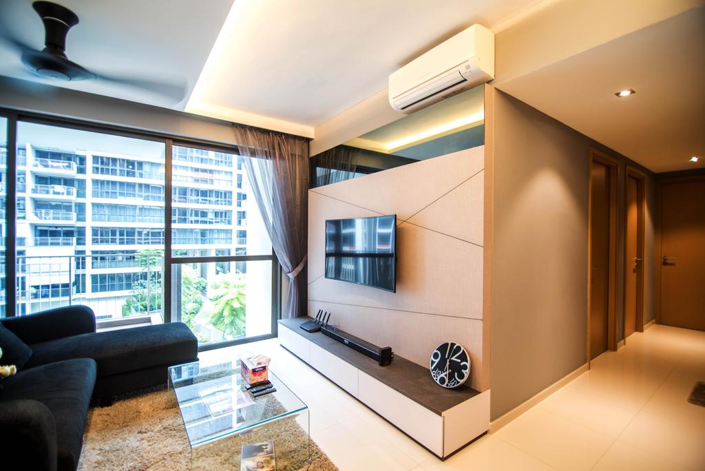 Modern, Condo, Living Room, Twin Waterfalls, Interior Designer, IdeasXchange, Glass Coffee Table, Brown Coffee Table, Carpet, Tv Feature Wall, Tv Console, Tv Cabinet, Feature Wall, Architecture, Building, Skylight, Window, Couch, Furniture, Indoors, Interior Design, HDB, Housing